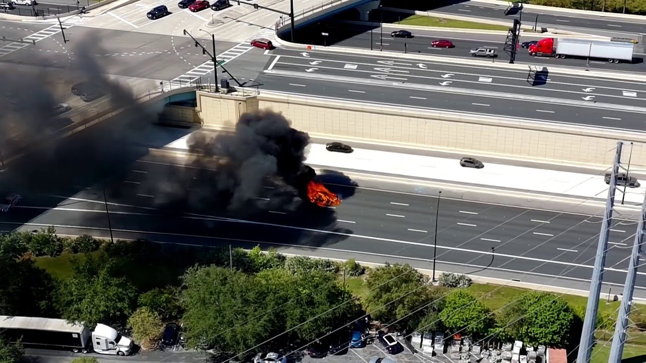 Drone video captures vehicle fire on I-4 in Orlando